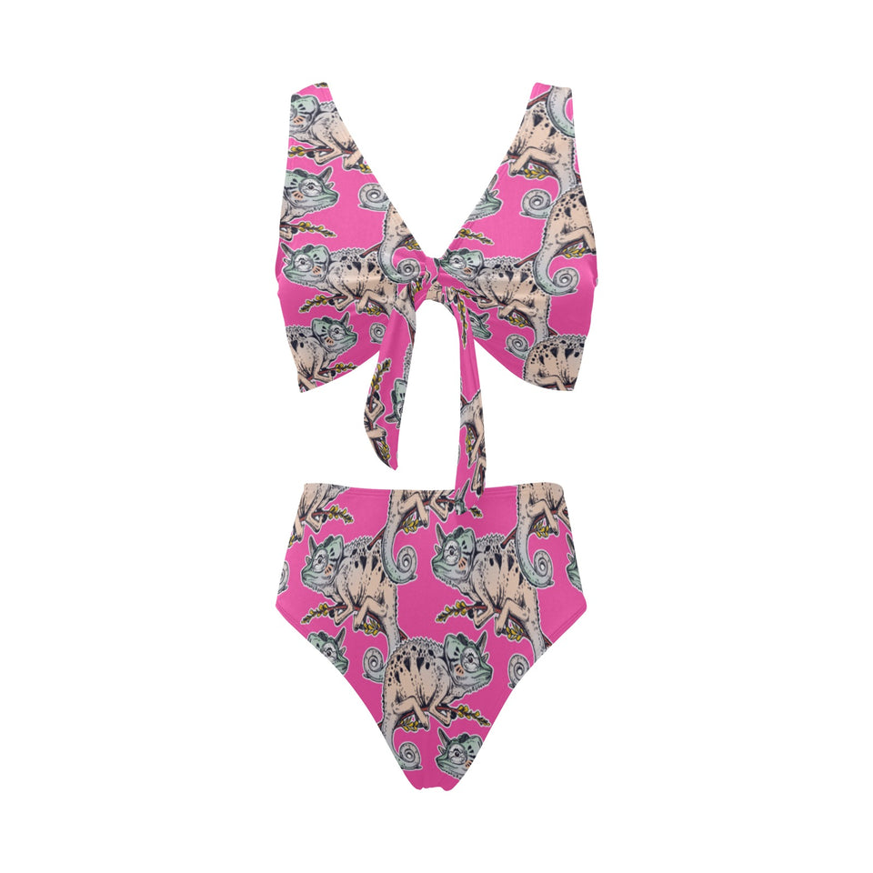 Chameleon lizard pattern pink background Chest Bowknot High Waisted Bikini Swimsuit