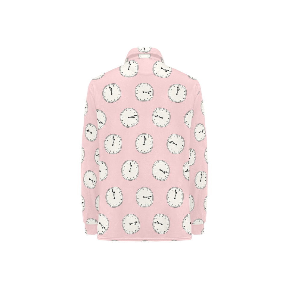 Clock pattern pink blackground Women's Long Sleeve Polo Shirt