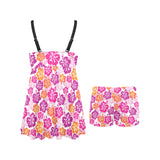 Hibiscus Pattern Print Design 01 Chest Sexy Pleated Two Piece Swim Dress