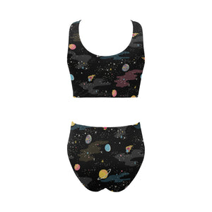 space pattern Chest Bowknot High Waisted Bikini Swimsuit
