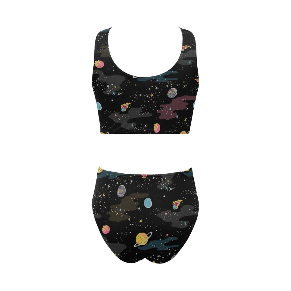 space pattern Chest Bowknot High Waisted Bikini Swimsuit