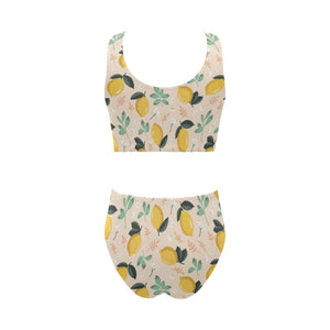 lemon flower leave pattern Chest Bowknot High Waisted Bikini Swimsuit