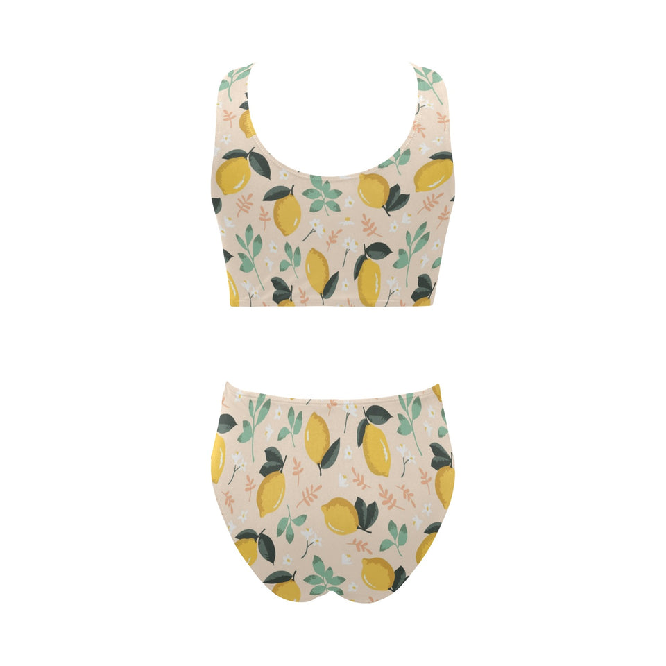 lemon flower leave pattern Chest Bowknot High Waisted Bikini Swimsuit