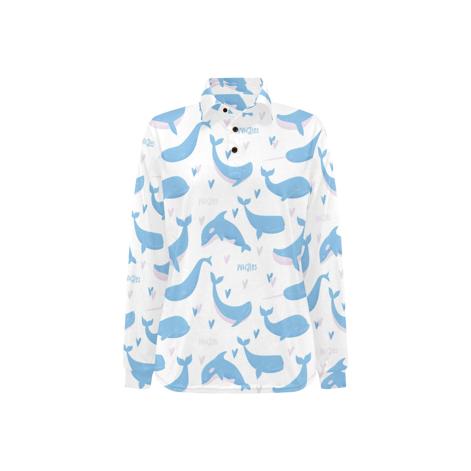 Blue whale pattern Women's Long Sleeve Polo Shirt