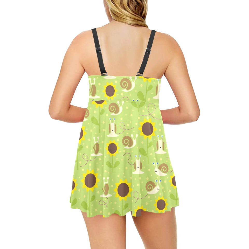 Snail Pattern Print Design 01 Chest Sexy Pleated Two Piece Swim Dress