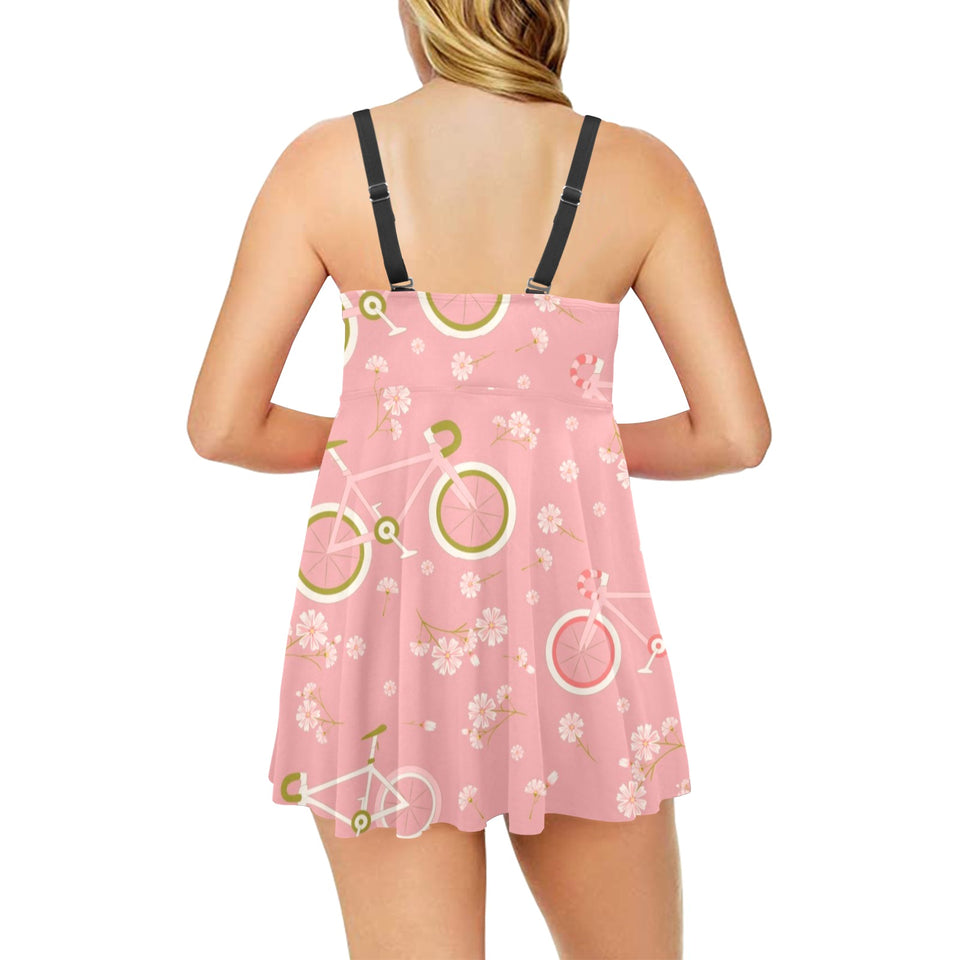 Bicycle Pattern Print Design 02 Chest Sexy Pleated Two Piece Swim Dress