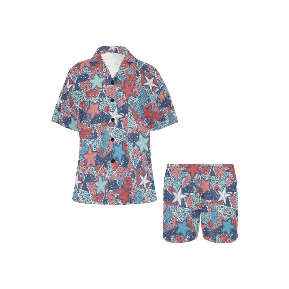 Hand drawn colorful starfish Women's V-Neck Short Pajama Set