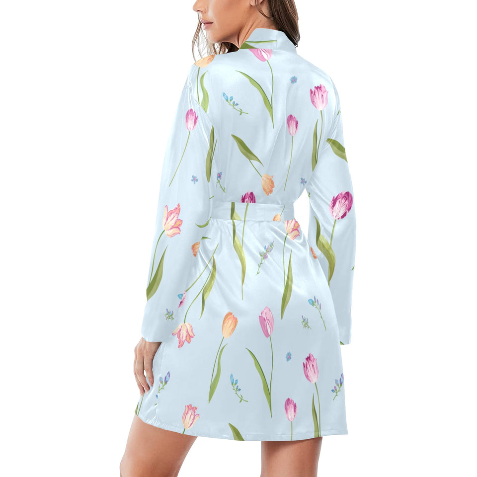 Watercolor Tulips pattern Women's Long Sleeve Belted Night Robe