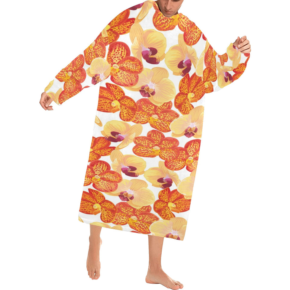 Orange yellow orchid flower pattern background Blanket Robe with Sleeves