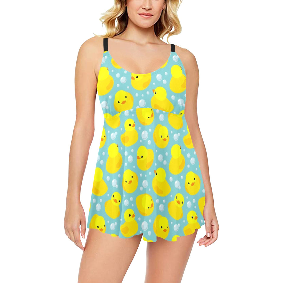 Duck Pattern Print Design 03 Chest Sexy Pleated Two Piece Swim Dress
