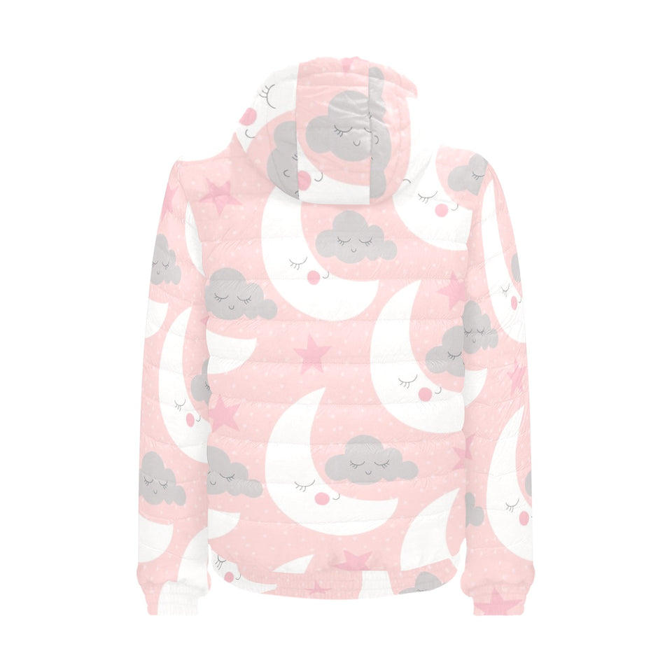 Cute moon cloud star pattern pink dot background Men's Padded Hooded Jacket