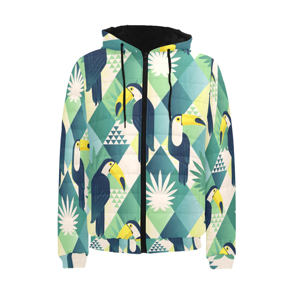 Toucan tropical leaves design pattern Men's Padded Hooded Jacket