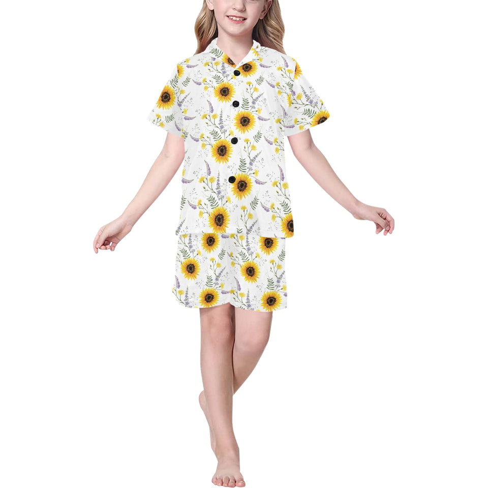 beautiful sunflowers pattern Kids' Boys' Girls' V-Neck Short Pajama Set