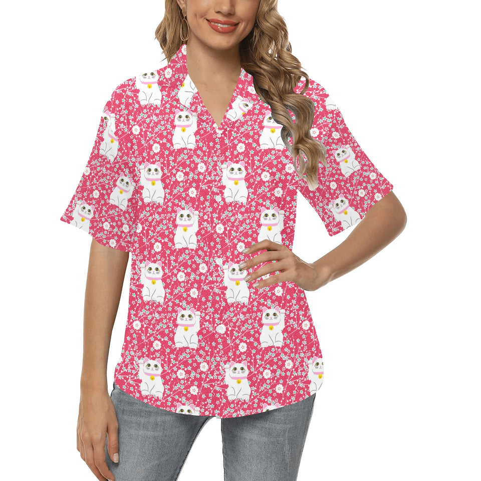 Maneki neko cat sakura pink background Women's All Over Print Hawaiian Shirt