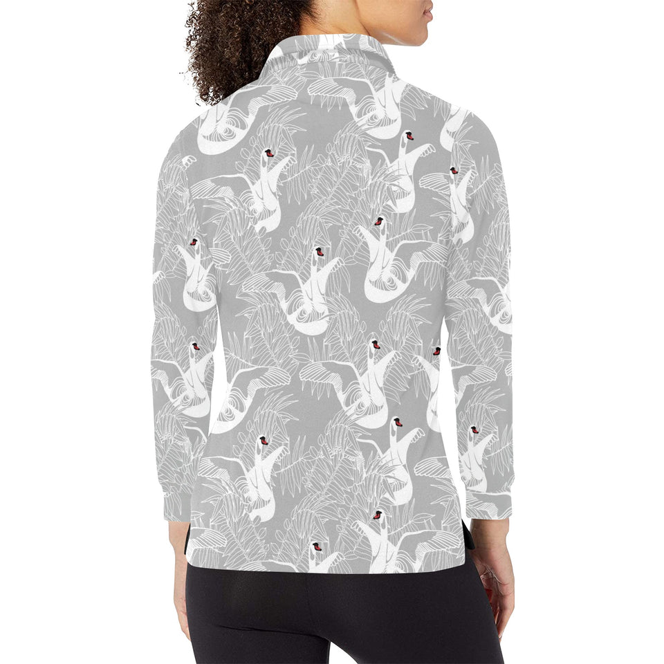 white swan gray background Women's Long Sleeve Polo Shirt