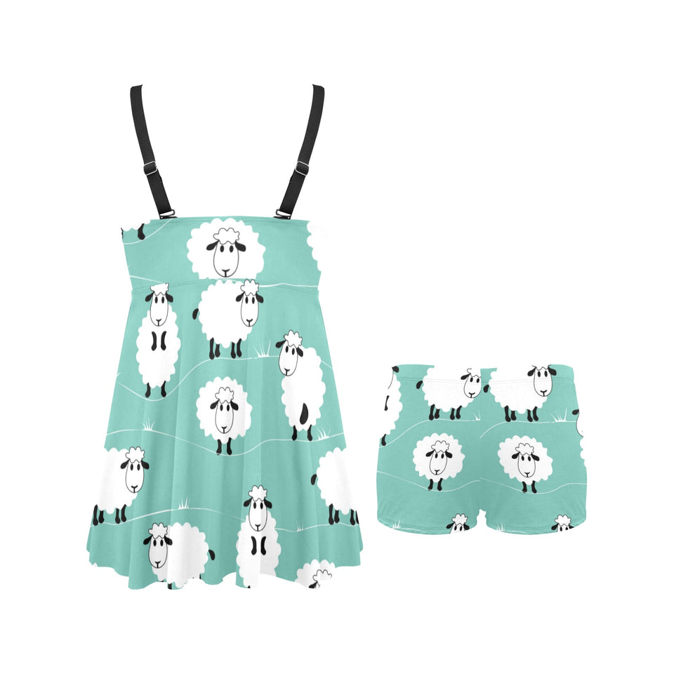 Cute sheep green background Chest Sexy Pleated Two Piece Swim Dress