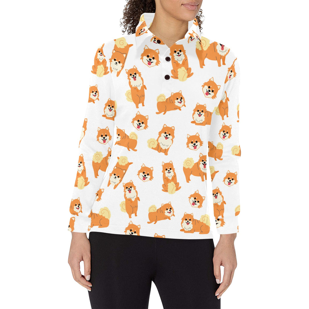 Brown pomeranian pattern Women's Long Sleeve Polo Shirt