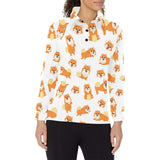 Brown pomeranian pattern Women's Long Sleeve Polo Shirt