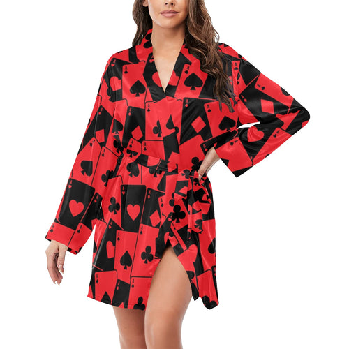 Casino Cards Suits Pattern Print Design 02 Women's Long Sleeve Belted Night Robe