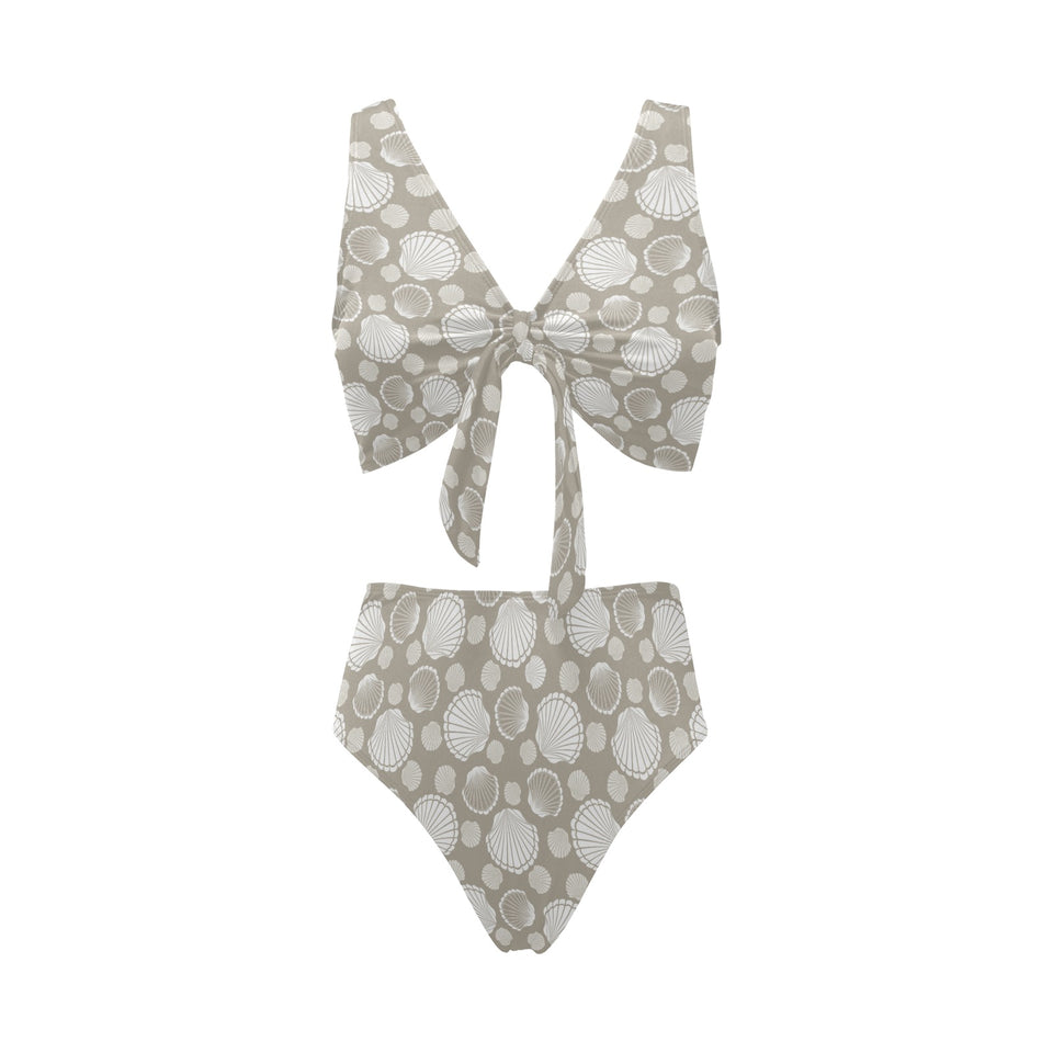 Scallop shell pattern Chest Bowknot High Waisted Bikini Swimsuit