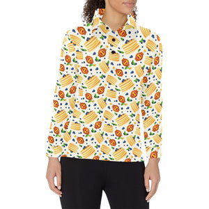 Pancake Pattern Print Design 02 Women's Long Sleeve Polo Shirt