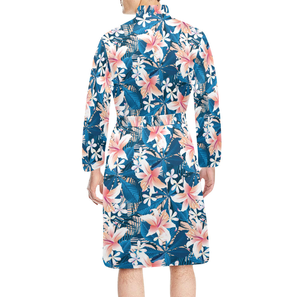 Hibiscus Pattern Print Design 02 Men's Long Sleeve Belted Night Robe