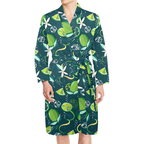 Lime ice flower pattern Men's Long Sleeve Belted Night Robe