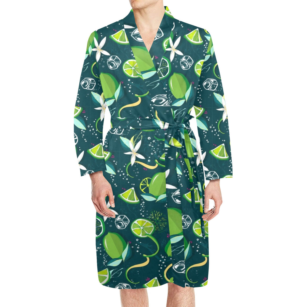 Lime ice flower pattern Men's Long Sleeve Belted Night Robe