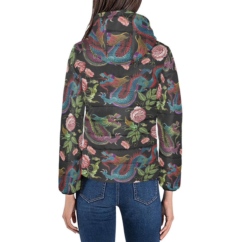 Dragons flower pattern Women's Padded Hooded Jacket