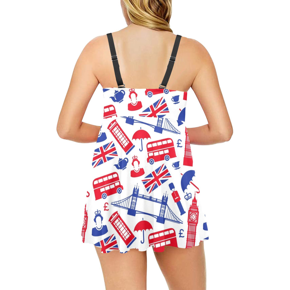 British Pattern Print Design 01 Chest Sexy Pleated Two Piece Swim Dress