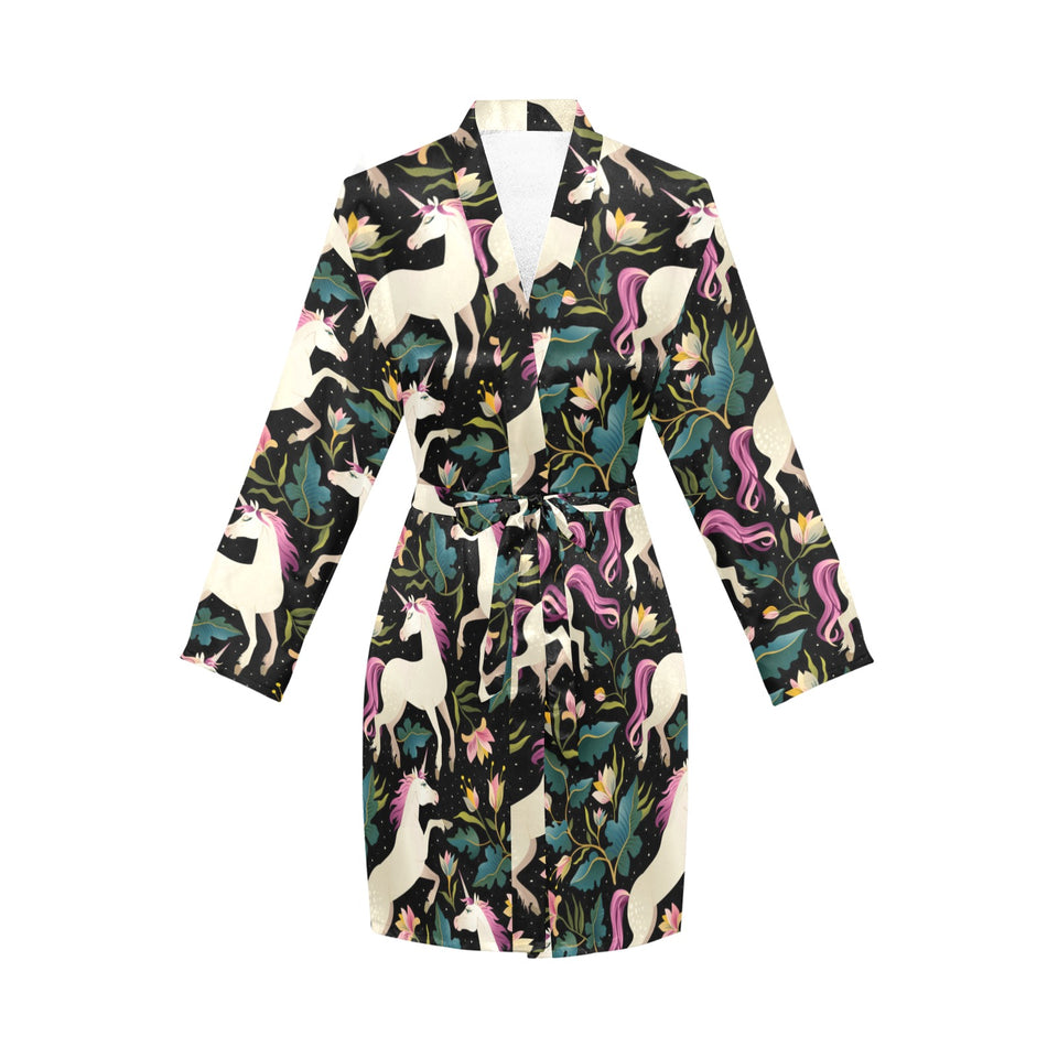 Unicorns forest background Women's Long Sleeve Belted Night Robe
