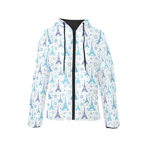 Blue Eiffel Tower Theme Pattern Print Design 01 Women's Padded Hooded Jacket