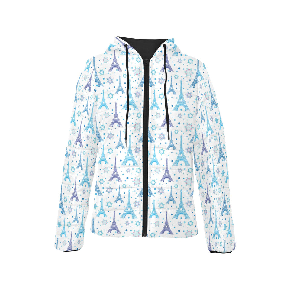 Blue Eiffel Tower Theme Pattern Print Design 01 Women's Padded Hooded Jacket