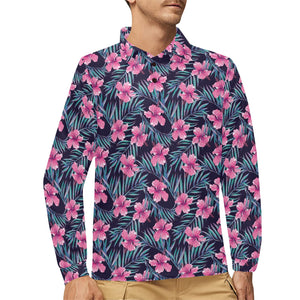 Hibiscus Pattern Print Design 05 Men's Long Sleeve Polo Shirt