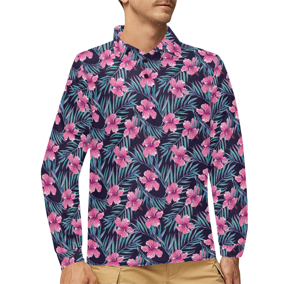Hibiscus Pattern Print Design 05 Men's Long Sleeve Polo Shirt
