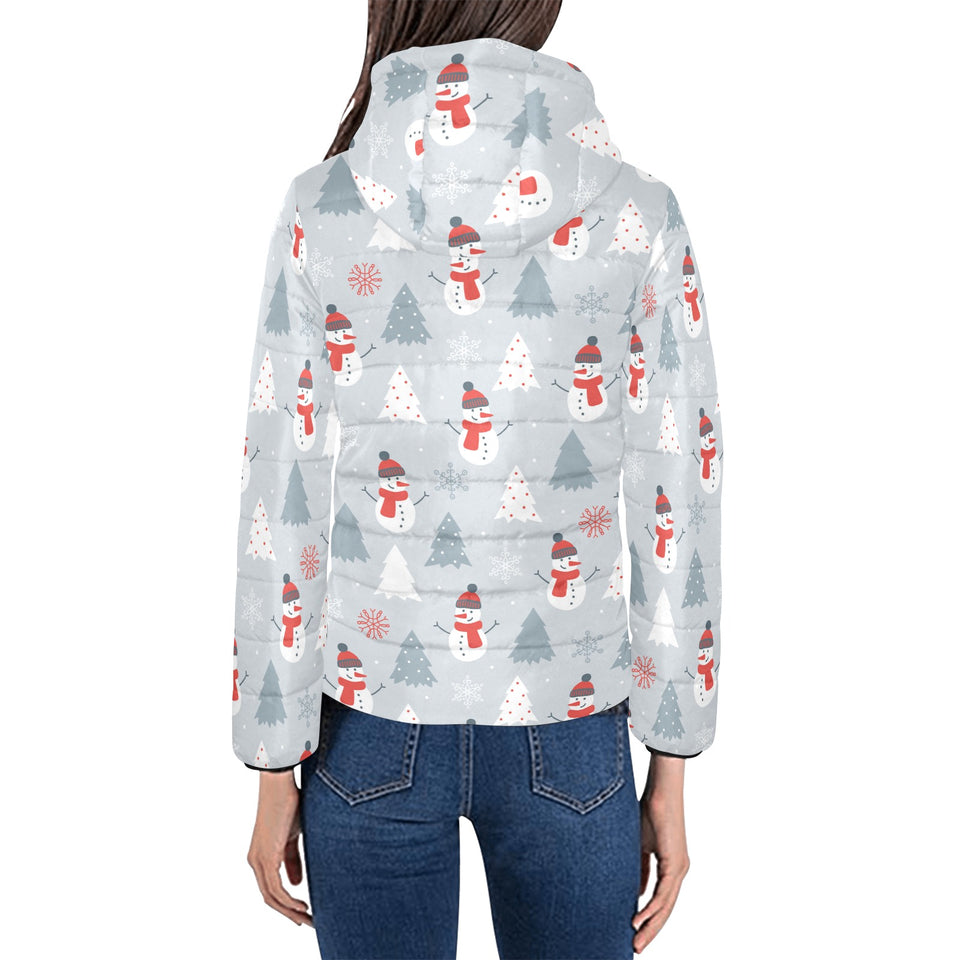 Snowman christmas tree snow gray background Women's Padded Hooded Jacket