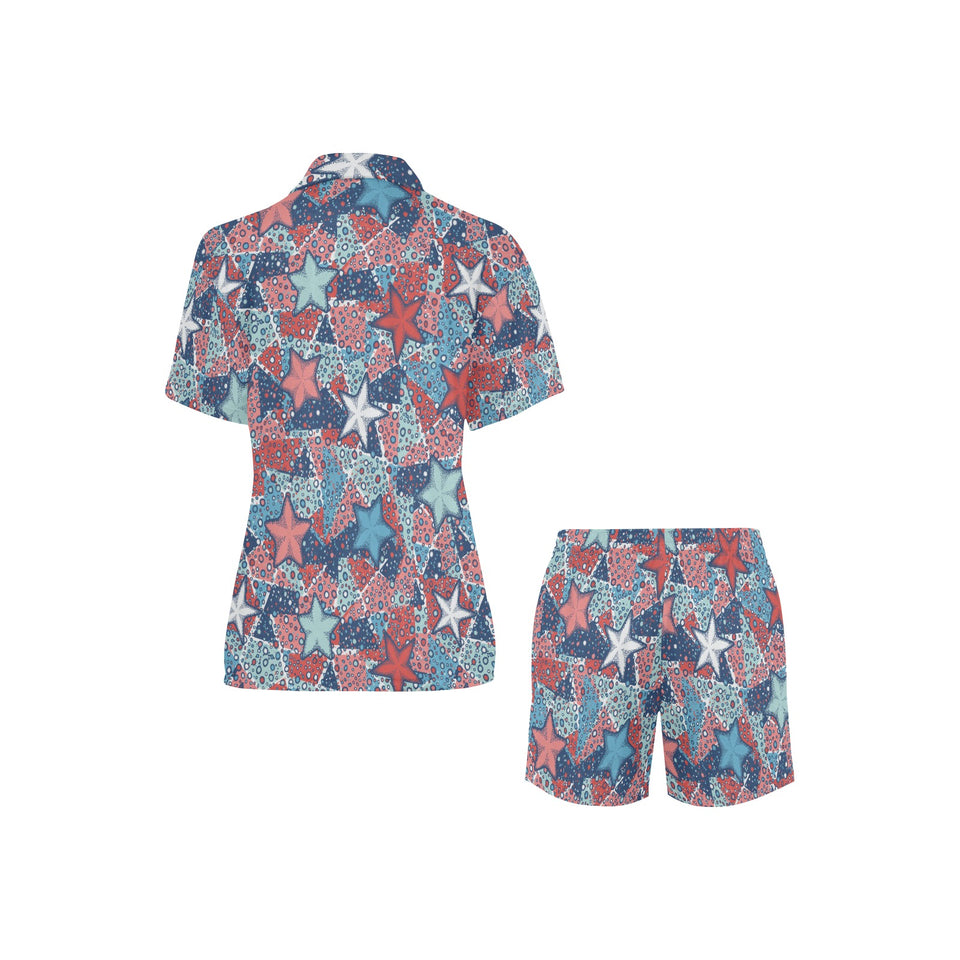 Hand drawn colorful starfish Women's V-Neck Short Pajama Set