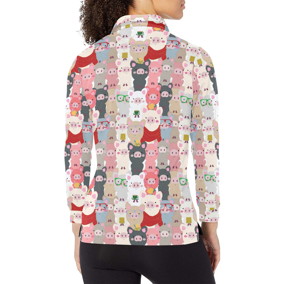Pig Pattern Print Design 02 Women's Long Sleeve Polo Shirt