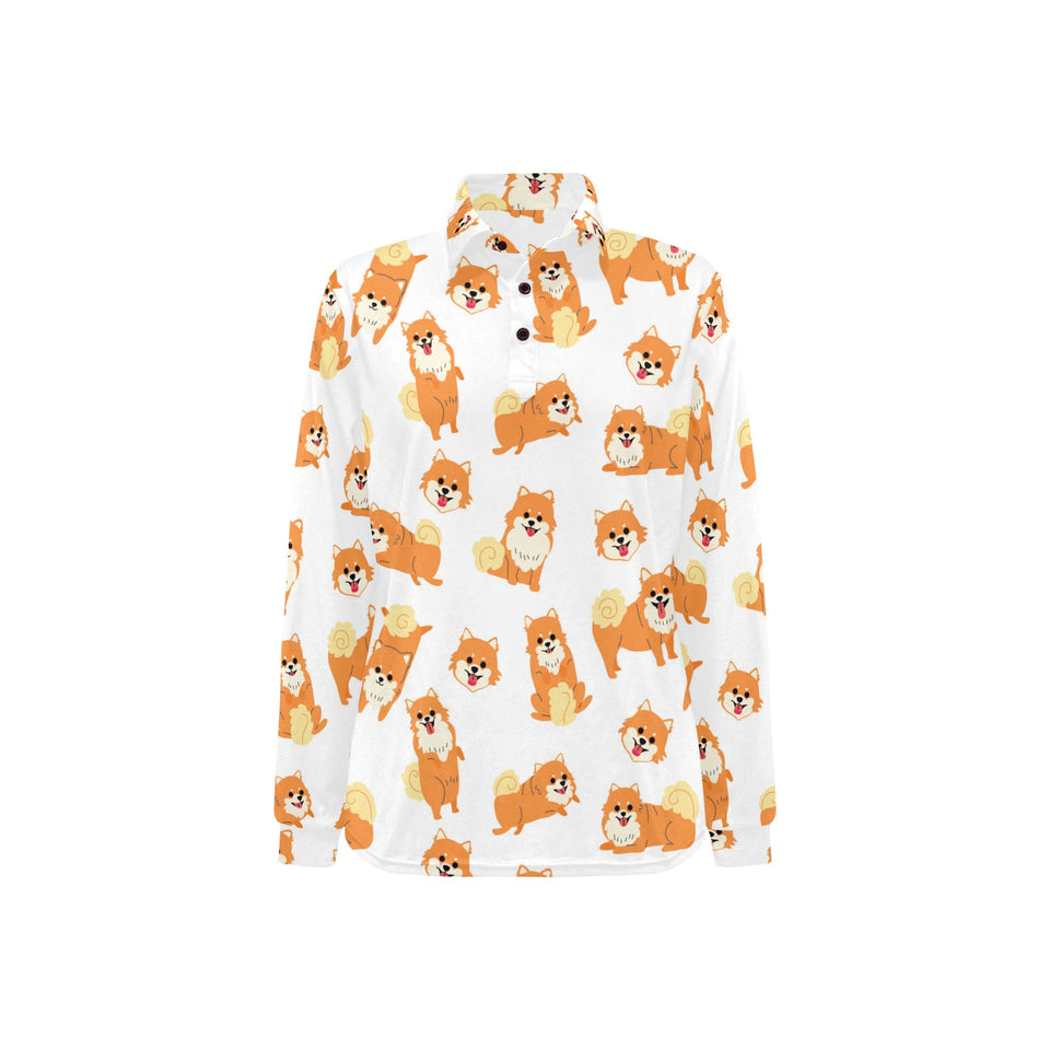 Brown pomeranian pattern Women's Long Sleeve Polo Shirt