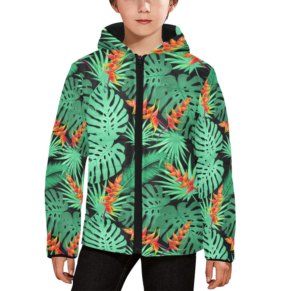 heliconia flower palm monstera leaves black backgr Kids' Boys' Girls' Padded Hooded Jacket