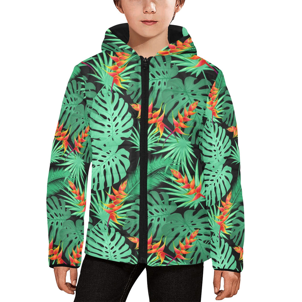 heliconia flower palm monstera leaves black backgr Kids' Boys' Girls' Padded Hooded Jacket