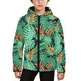 heliconia flower palm monstera leaves black backgr Kids' Boys' Girls' Padded Hooded Jacket