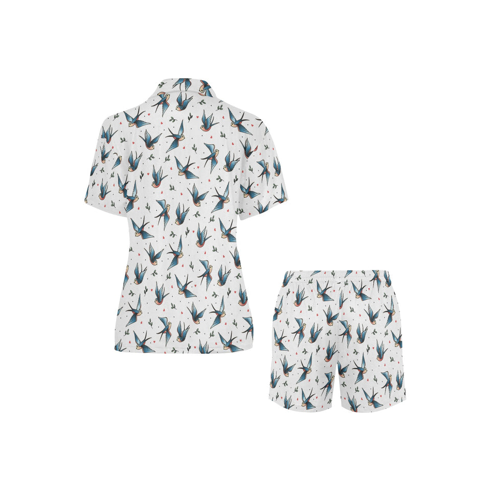 Swallow Pattern Print Design 04 Women's V-Neck Short Pajama Set