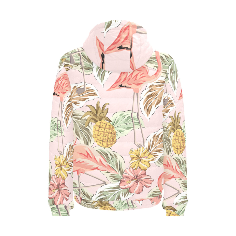 Pink flamingo birds pineapples hibiscus flower pat Men's Padded Hooded Jacket