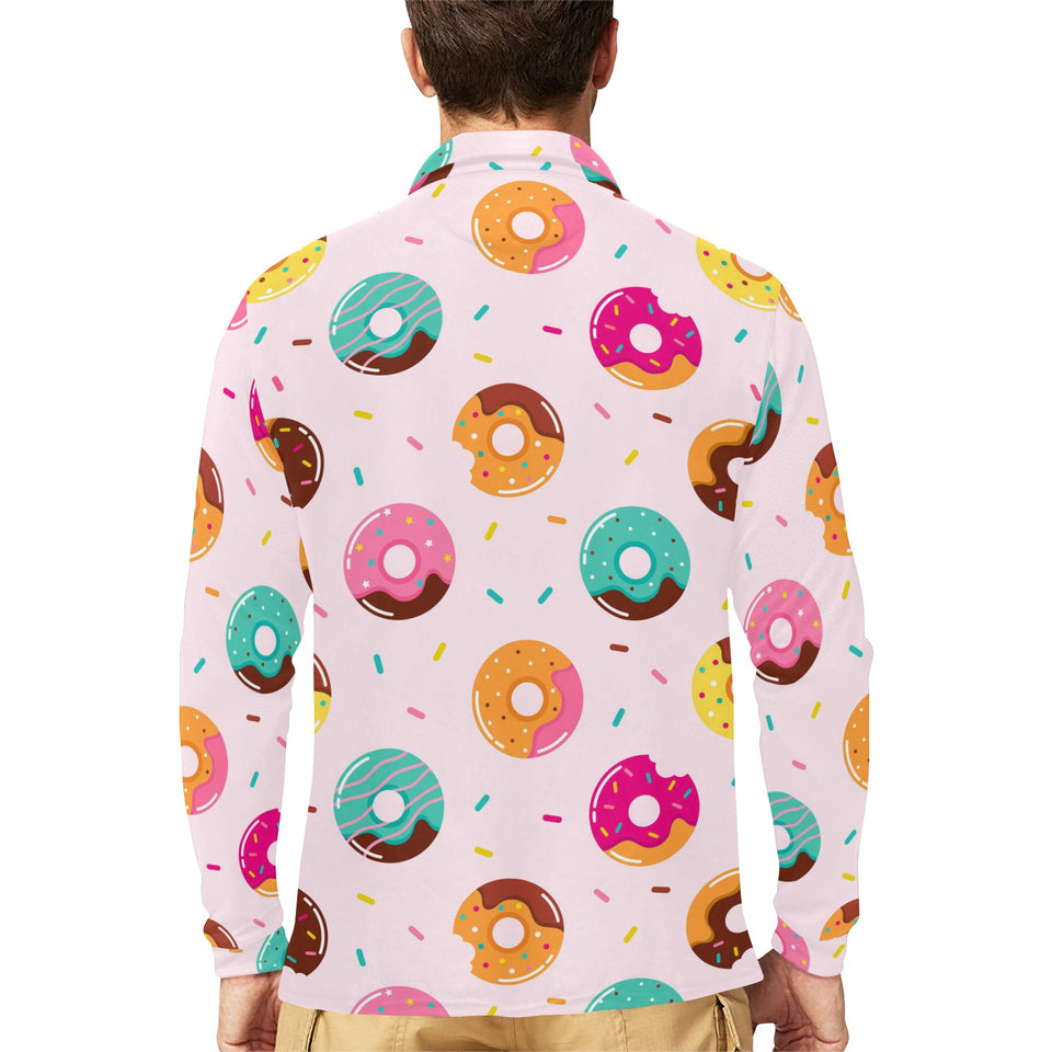 Donut pattern glaze pink background Men's Long Sleeve Polo Shirt