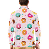 Donut pattern glaze pink background Men's Long Sleeve Polo Shirt