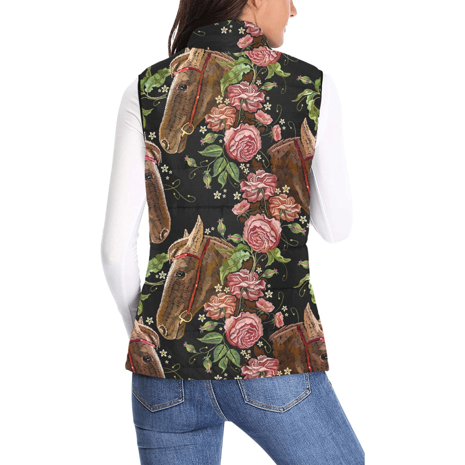 Horse head wild roses pattern Women's Padded Vest