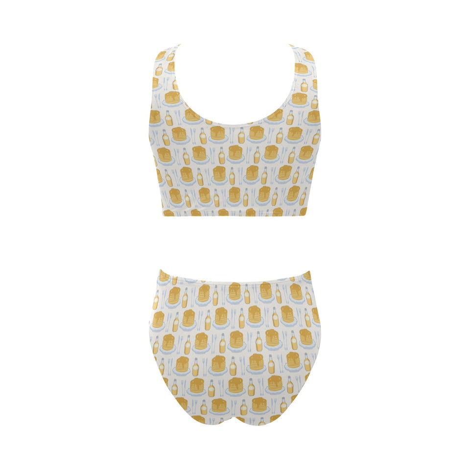 Pancake Pattern Print Design 05 Chest Bowknot High Waisted Bikini Swimsuit