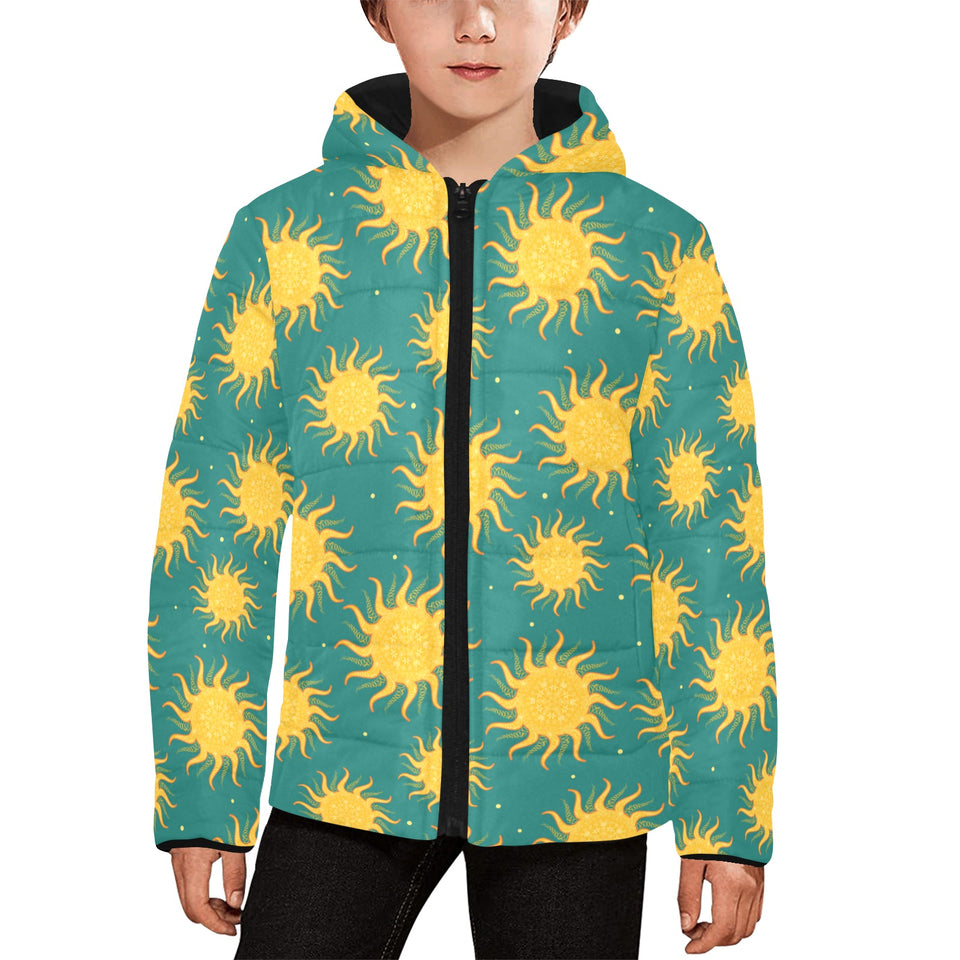 Sun green background Kids' Boys' Girls' Padded Hooded Jacket