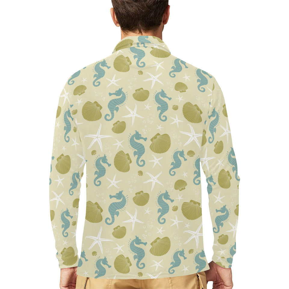 Seahorse shell starfish pattern background Men's Long Sleeve Polo Shirt